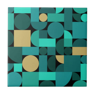 Retro Geometric Art Teal Guld Kakelplatta