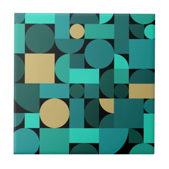 Retro Geometric Art Teal Guld Kakelplatta (Framsidan)