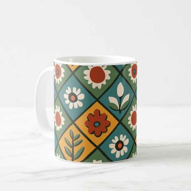 Retro Geometric Blommigt Mugg (Framsida vänster)