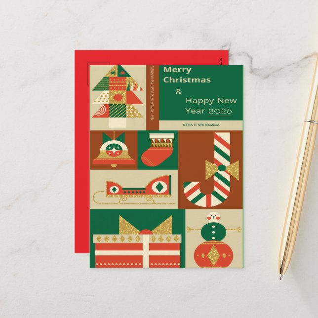 Retro Geometric Christmas Greeting Card – Festive. Helg Vykort (Fram/Back In Situ)