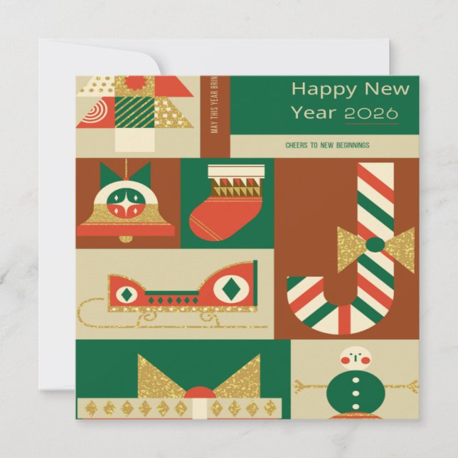 Retro Geometric Christmas Greeting Card – Festive. Tack Kort (Framsida)