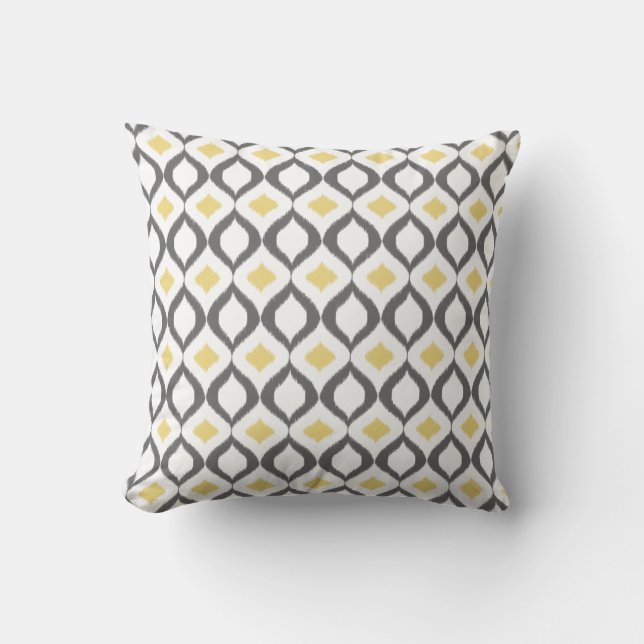 Retro Geometric Ikat Gult Grått Mönster Kudde (Framsida)