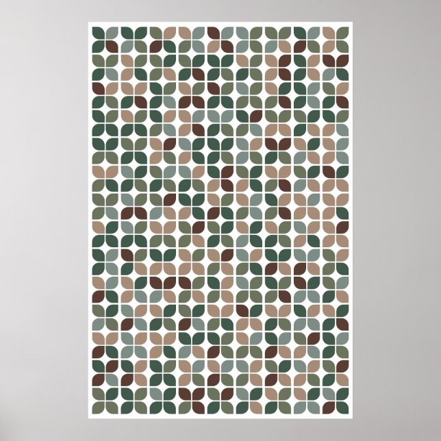 Retro Geometric Löv Mönster Grönt Brown Taupe Poster (Framsidan)