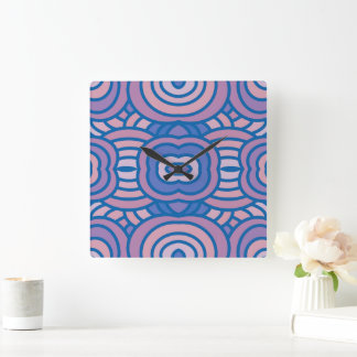 Retro Geometric Mönster in Blue and Rosa Fyrkantig Klocka