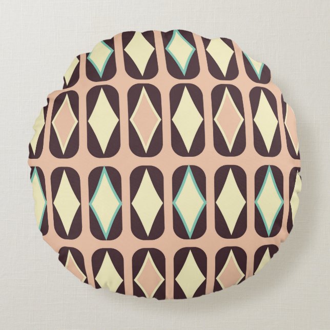 Retro geometric pattern with brown, yellow, blue rund kudde (Framsidan)