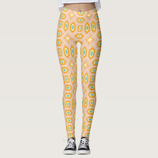 Retro geometric pattern with hexagons and stars leggings (Framsida)