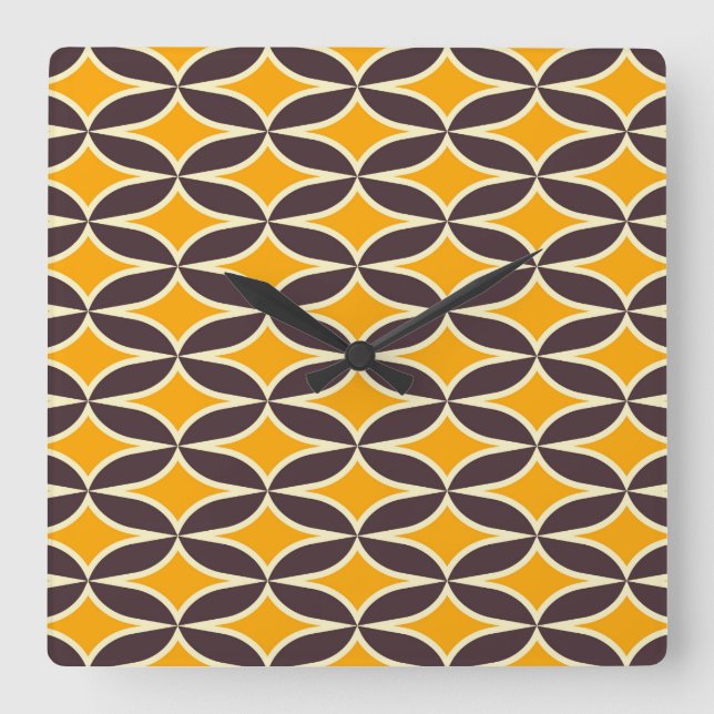 Retro geometric pattern yellow and brown leaf fyrkantig klocka (Framsida)