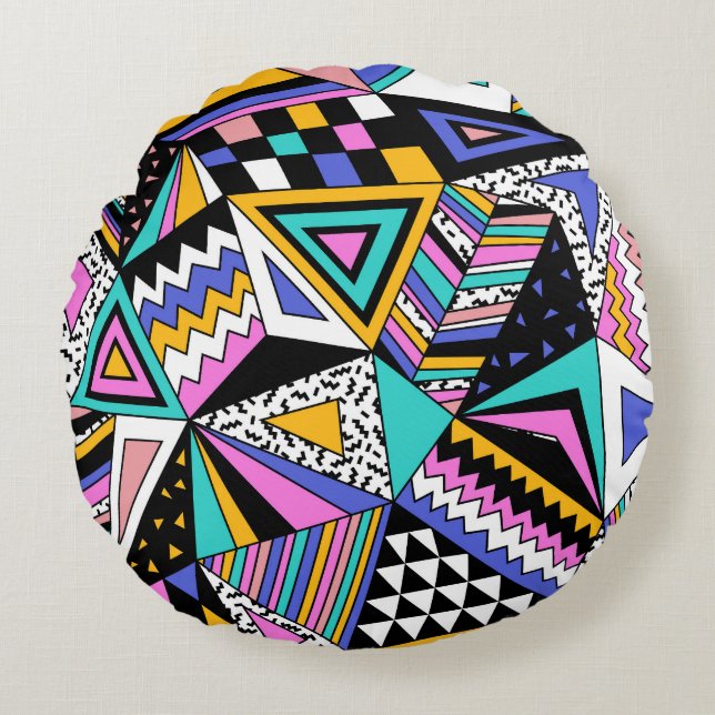 Retro Geometric Shapes: Färg Vintage. Rund Kudde (Framsidan)