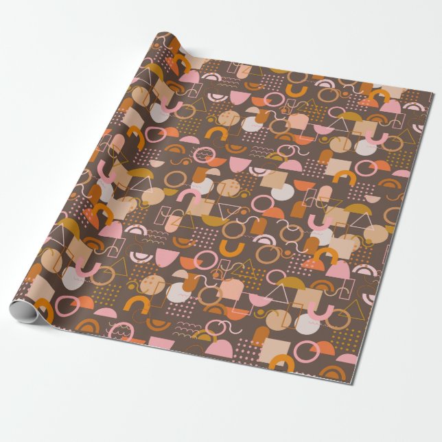 Retro Geometric Shapes in Brown Rosa and Orange Presentpapper (Utrullad)
