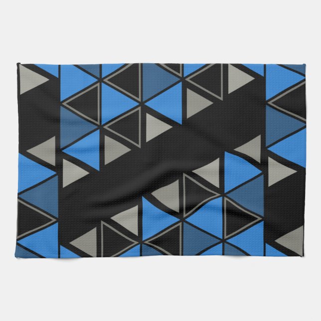 Retro Geometric Triangles Blue Silver Kökshandduk (Horisontell)