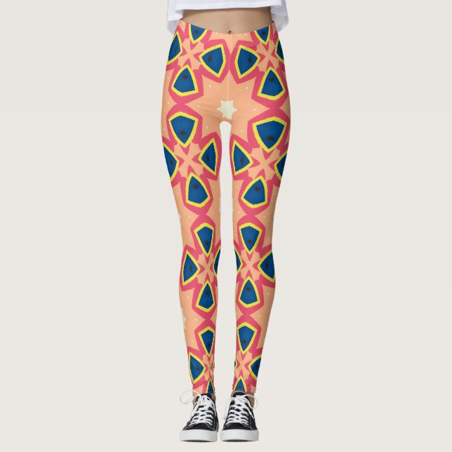Retro geometrisk persika blå rosa mönster leggings (Framsida)