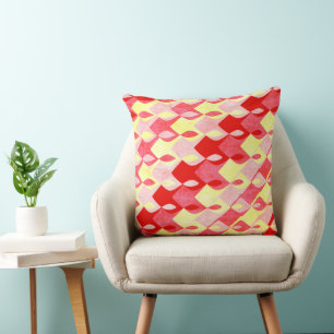 Retro geometriskt diamantmönster rött, rosa & gult kudde