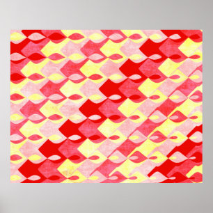 Retro geometriskt diamantmönster rött, rosa & gult poster