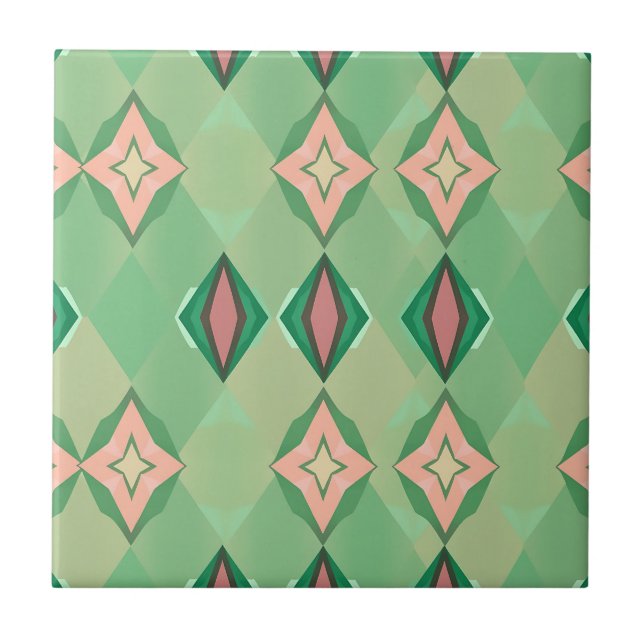 Retro geometriskt mönster Grönt Rosa Diamantstjärn Kakelplatta (Framsidan)