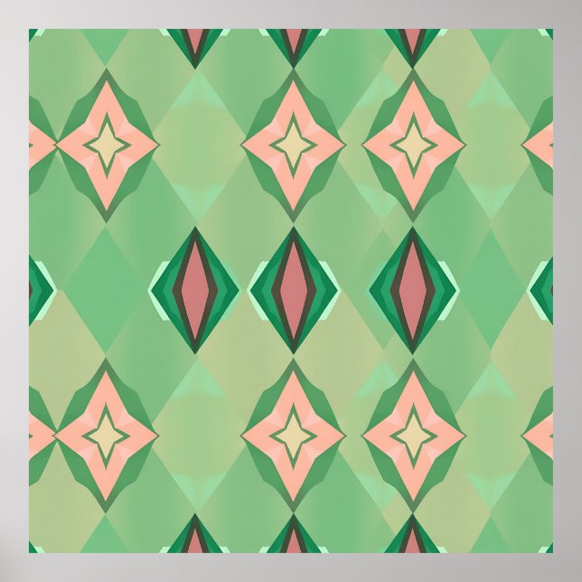Retro geometriskt mönster Grönt Rosa Diamantstjärn Poster (Framsidan)