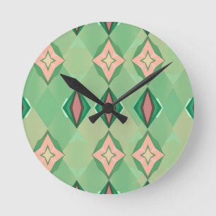 Retro geometriskt mönster Grönt Rosa Diamantstjärn Rund Klocka