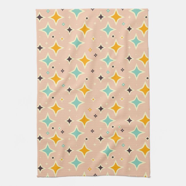 Retro geometriskt mönster med teal, orange, svart kökshandduk (Vertikal)