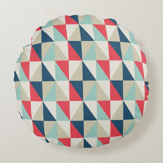Retro geometriskt röd och blåtttriangelmönster rund kudde (Framsidan)
