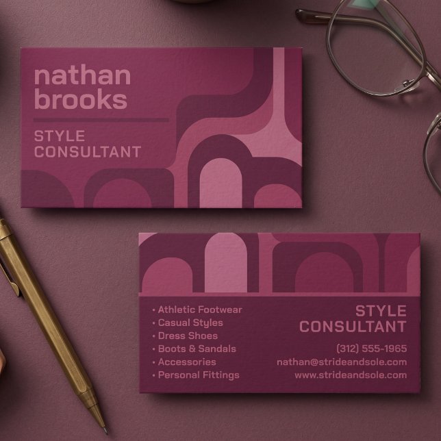 Retro geometriskt valv mönster visitkort (Simulated business cards on table)