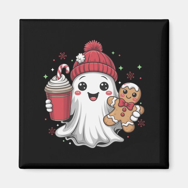 Retro Ghost Beanie Christmas Holiday Xmas Coffee G Magnet (Framsidan)