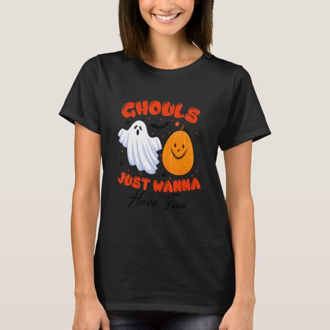 Retro Ghost Boo And Pumpkin  Ghouls Just Wanna Hav T Shirt (Framsida)