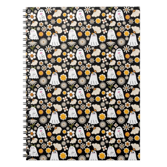 Retro Ghost Flowers Halloween Seamless Pattern Anteckningsbok (Framsidan)