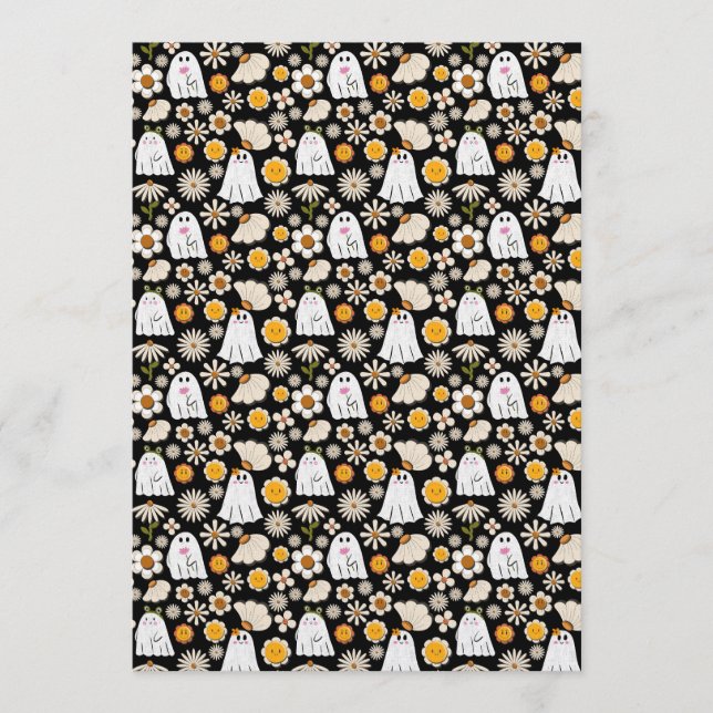 Retro Ghost Flowers Halloween Seamless Pattern Inbjudningar (Framsida)