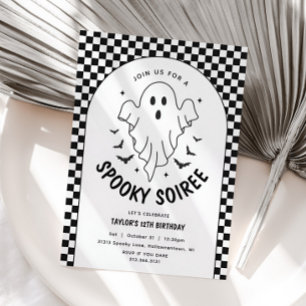 Retro Ghost Halloween Black & White Birthday Inbjudningar