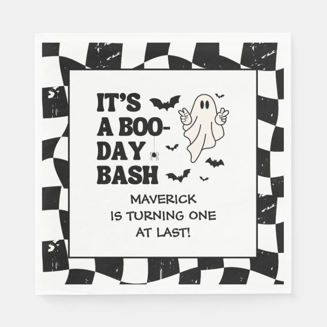 Retro Ghost One Halloween Boy 1st Birthday Pappersservett (Framsidan)