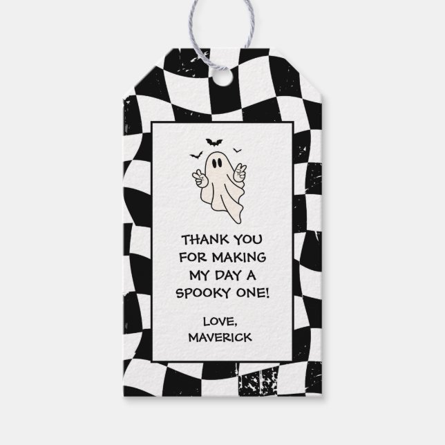 Retro Ghost One Halloween Boy 1st Birthday Presentetikett (Framsidan)