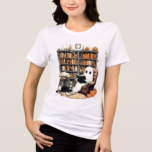 Retro Ghost Reading Bokar Halloween T Shirt (Framsida)