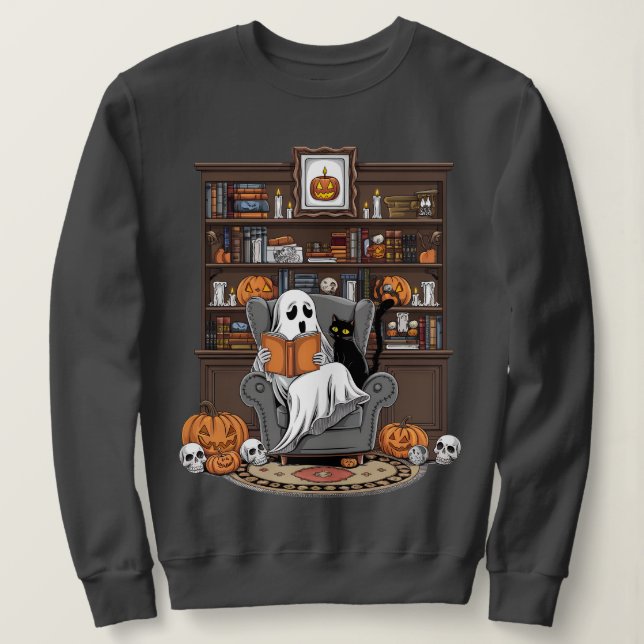 Retro Ghost Reading Bokar ibrarian Ghost Halloween T Shirt (Design framsida)