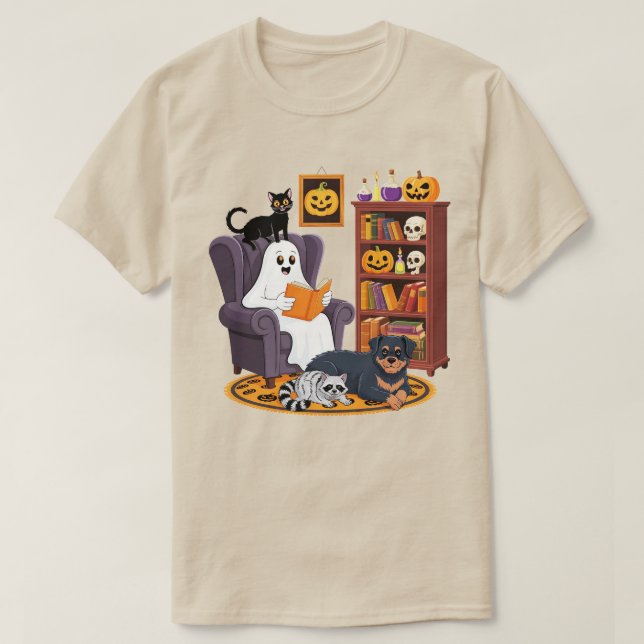 Retro Ghost Reading Books with Black Cat Raccoon  T Shirt (Design framsida)