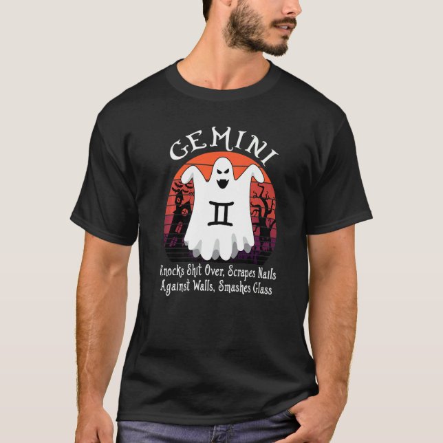 Retro Ghost Zodiac Sign Gemini Halloween Costume T Shirt (Framsida)