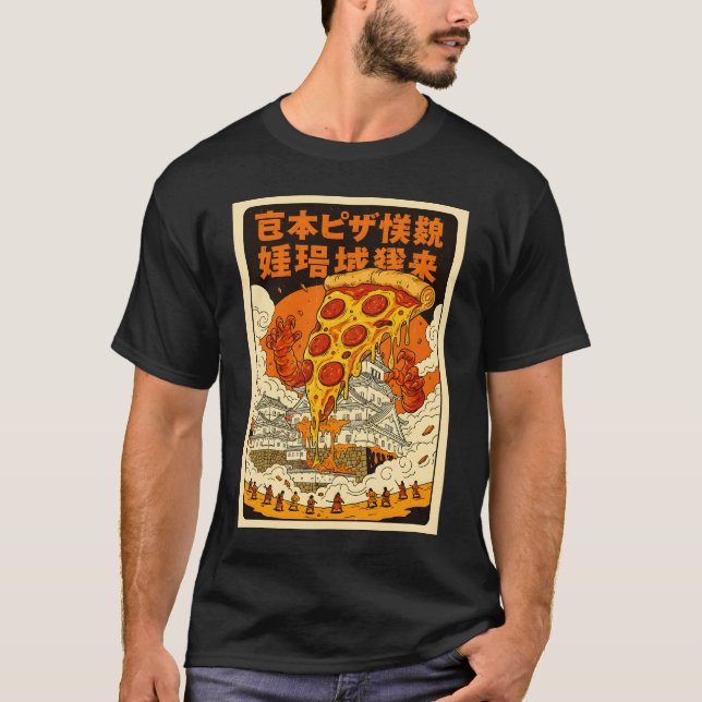 Retro Giant Pizza Monster Attacks Himeji Castle T Shirt (Framsida)