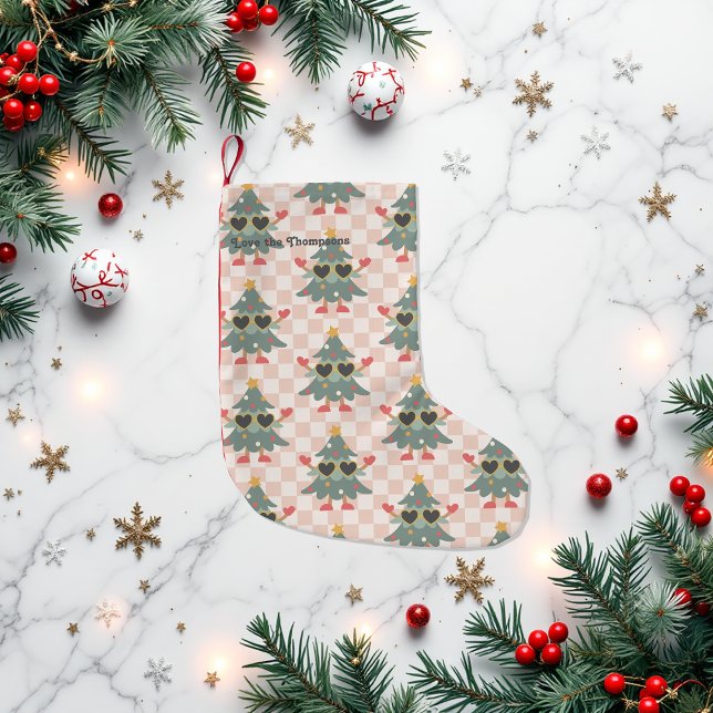 Retro Gingham Julgran Personlig Liten Julstrumpa (Retro Gingham Christmas Tree Personalized Small Christmas Stocking)