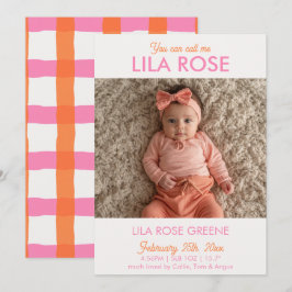Retro Gingham Photo Birth Announcement Card Inbjudningar