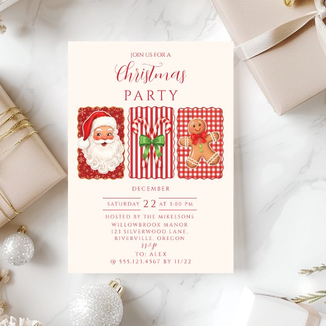 Retro Gingham Santa Gingerbread Christmas Inbjudningar (Skapare uppladdad)