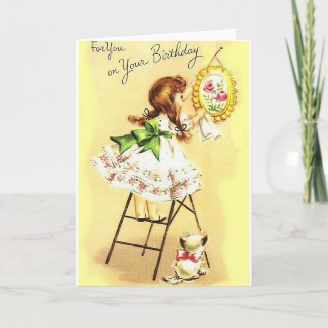 Retro Girl and Kitten Birthday Greeting Card Kort (Framsida)