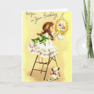 Retro Girl and Kitten Birthday Greeting Card Kort