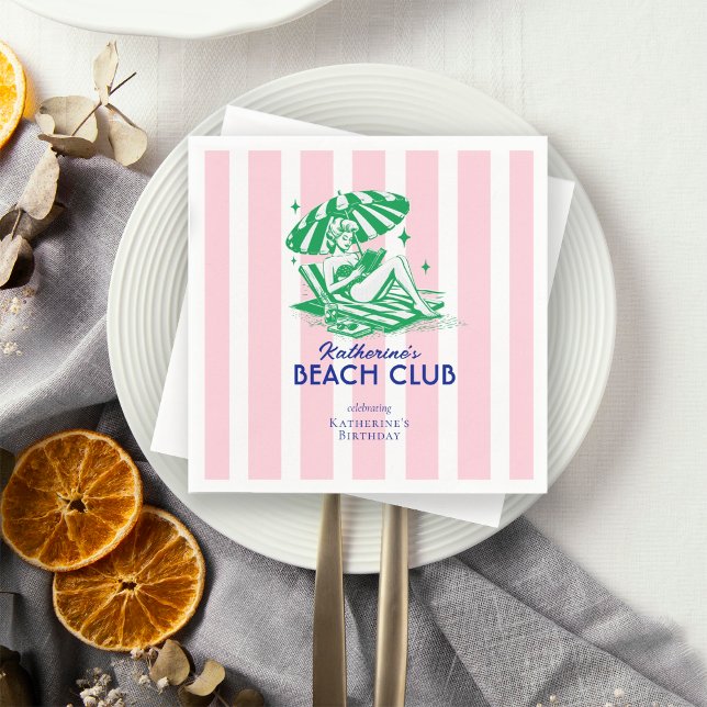 Retro Girl Beach Club Pink Stripes Birthday Pappersservett (Skapare uppladdad)