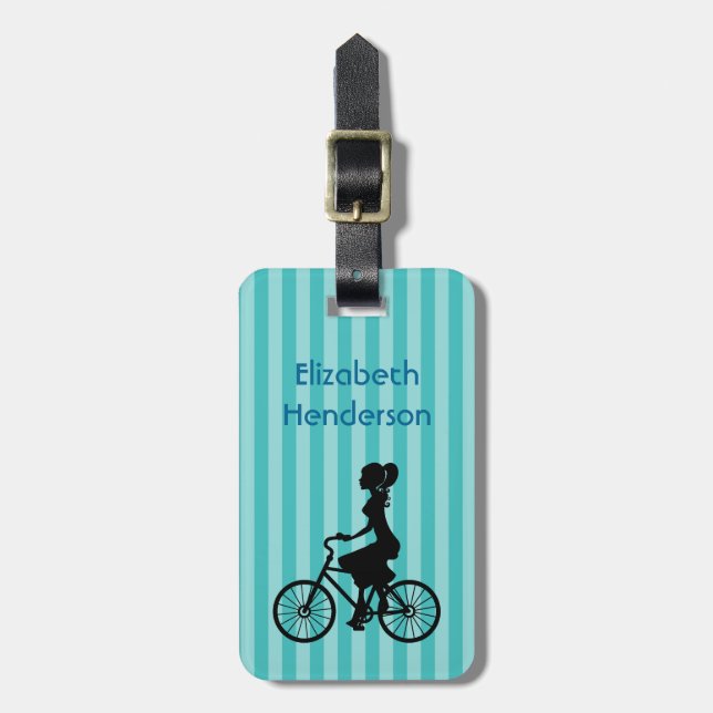 Retro Girl Cyclist Silhouette Bagagebricka (Vertikal Framsida)