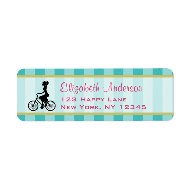 Retro Girl Cyclist Silhouette Returadress Etikett (Framsidan)