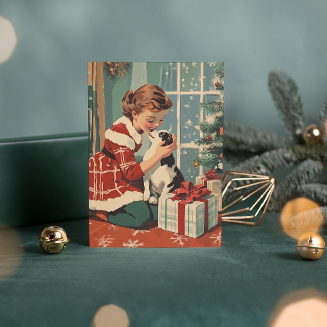 Retro Girl Hund Julgran Vintage jul Julkort (Skapare uppladdad)
