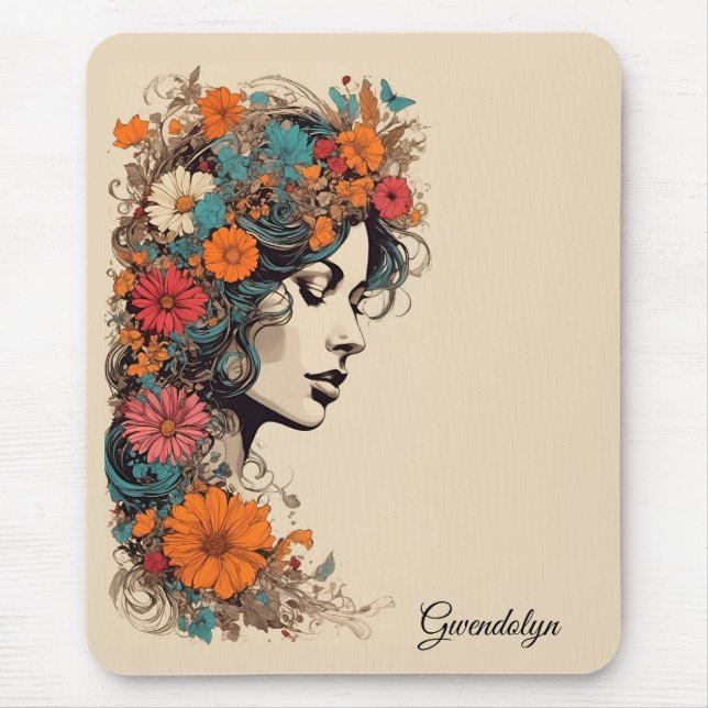Retro Girl med Flowers i Hair Mousepad Musmatta (Framsidan)