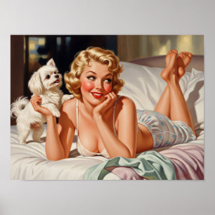 Retro Girl med Maltesisk Hund 50's Pin-up Art Poster