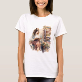 Retro Girl Reading Bok efter Window Flower T Shirt
