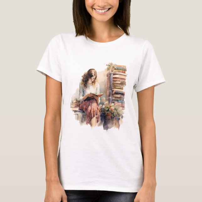 Retro Girl Reading Bok efter Window Flower T Shirt (Framsida)