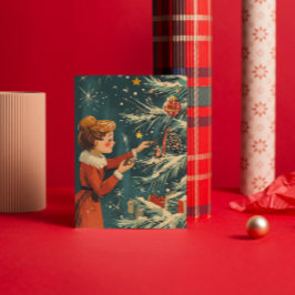 Retro Girl Red Dress Decorating Julgran Julkort