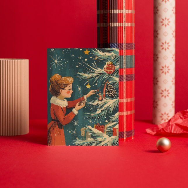 Retro Girl Red Dress Decorating Julgran Julkort (Skapare uppladdad)